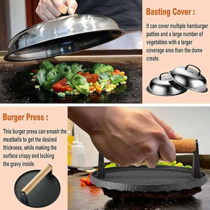 Ultimate Outdoor Grilling Set with stainless steel BBQ tools including basting cover and burger press for backyard cookouts