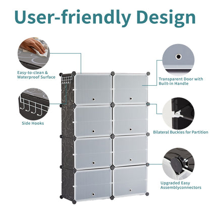 Shoe storage cabinet with door showing stackable modular design and built-in side hooks