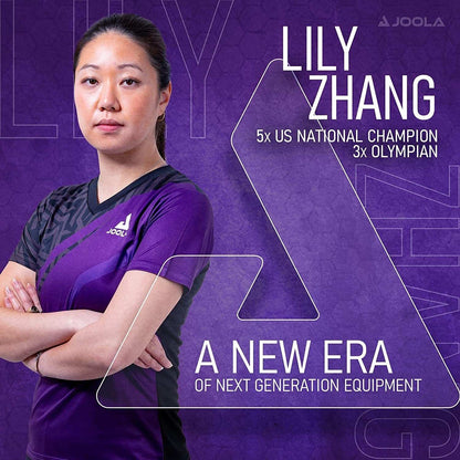 Portrait of a female athlete in a purple JOOLA sports shirt promoting next generation ping pong equipment