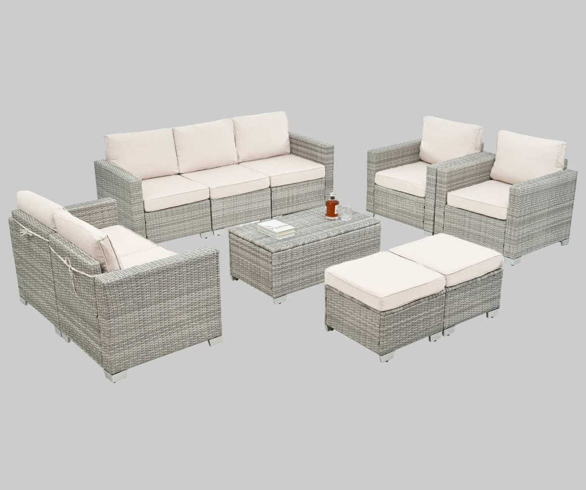 Cozy outdoor patio set 10-piece modular seating with beige cushions and grey wicker frame
