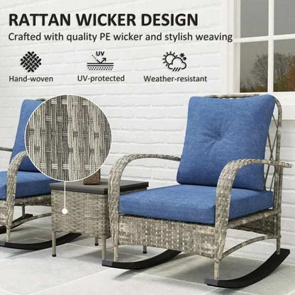 Rattan Chaise Lounge Chair with blue cushions, wicker patio furniture set showing hand-woven PE rattan detail and side table.
