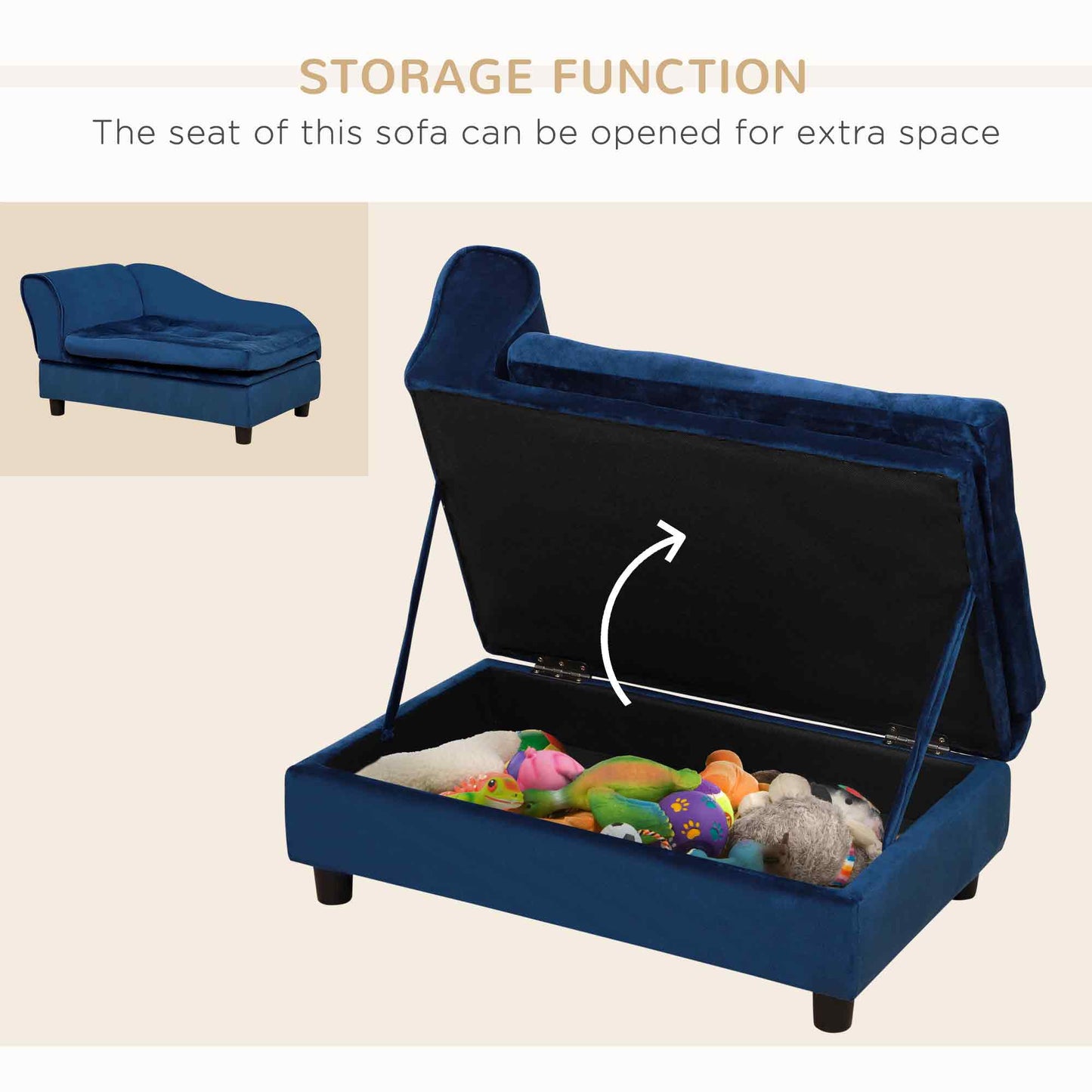 Luxury dog bed with hidden storage in blue, open to reveal space for pet toys, enhancing home décor and providing a cozy space for pets.