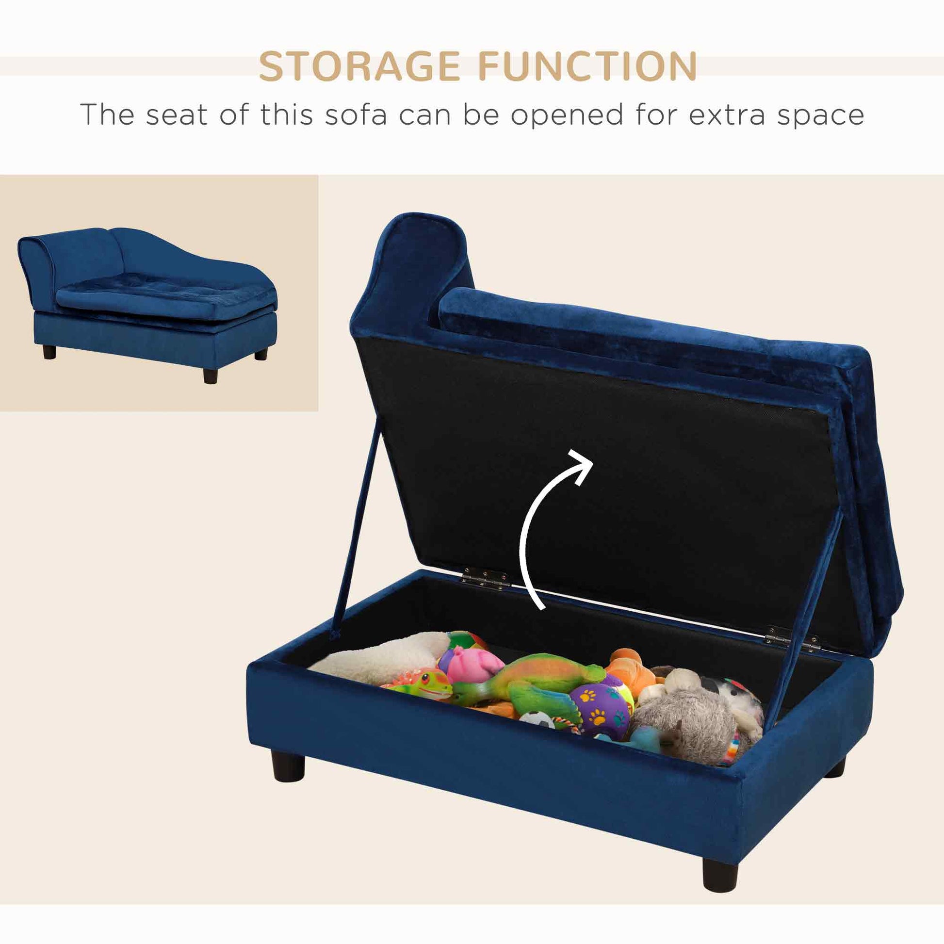 Luxury dog bed with hidden storage in blue, open to reveal space for pet toys, enhancing home décor and providing a cozy space for pets.