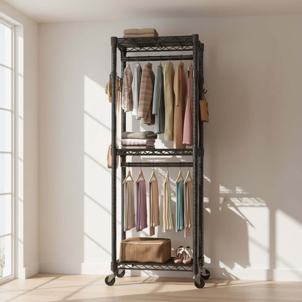 clothes rack with wheels double rod black garment rack front view