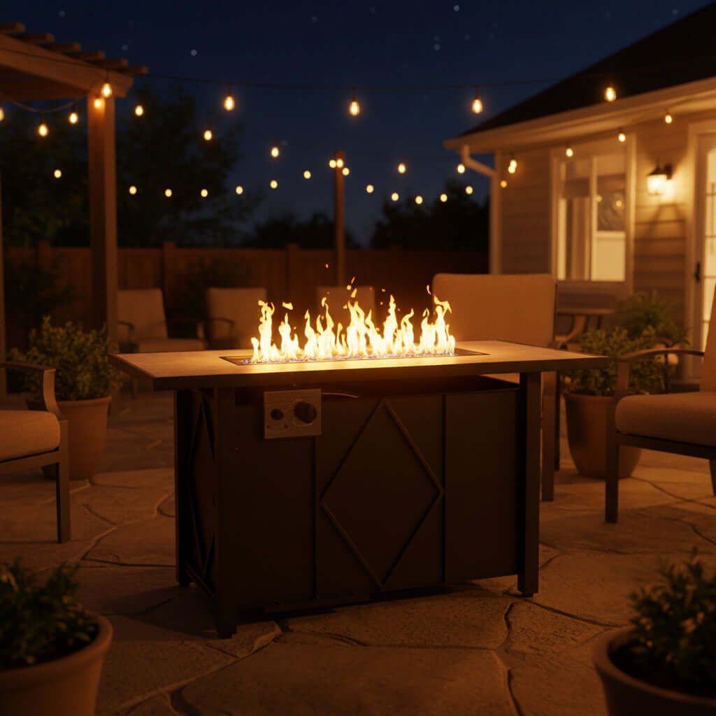Propane Fire Pit Table with flames in a cozy outdoor patio setting, perfect for gatherings and warmth.