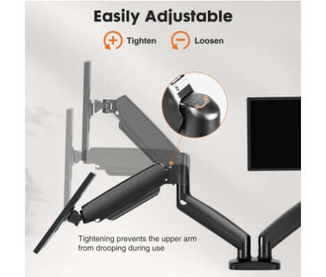 Easily adjustable dual monitor stand showcasing gas spring arm tightener for optimal positioning.