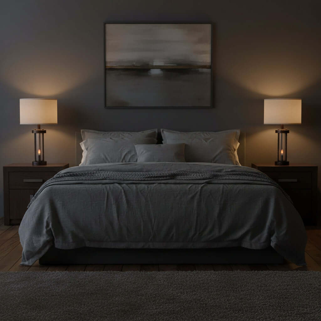 Farmhouse Bedside Table Lamps illuminating a stylish bedroom with dark walls and a cozy bed.