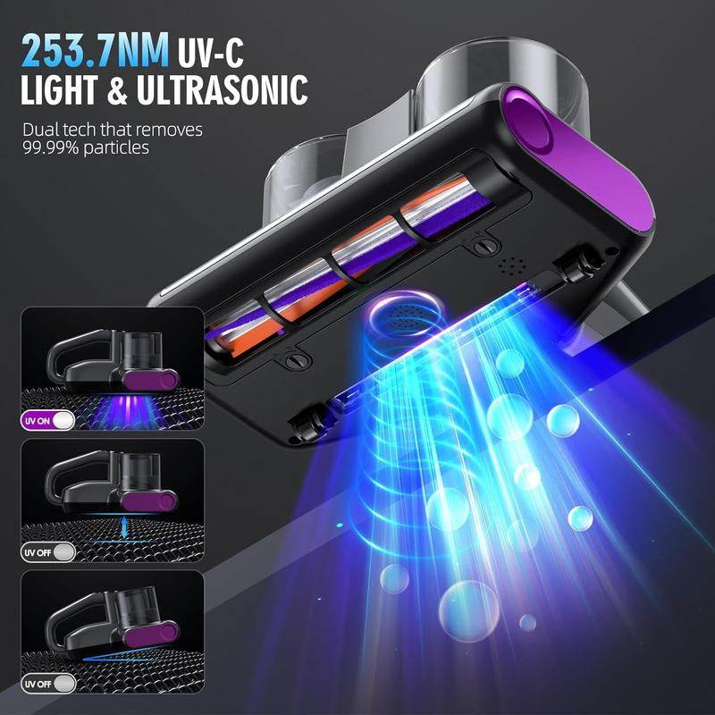 Handheld mattress mite remover vacuum with UV-C light and ultrasonic technology for deep allergen cleaning