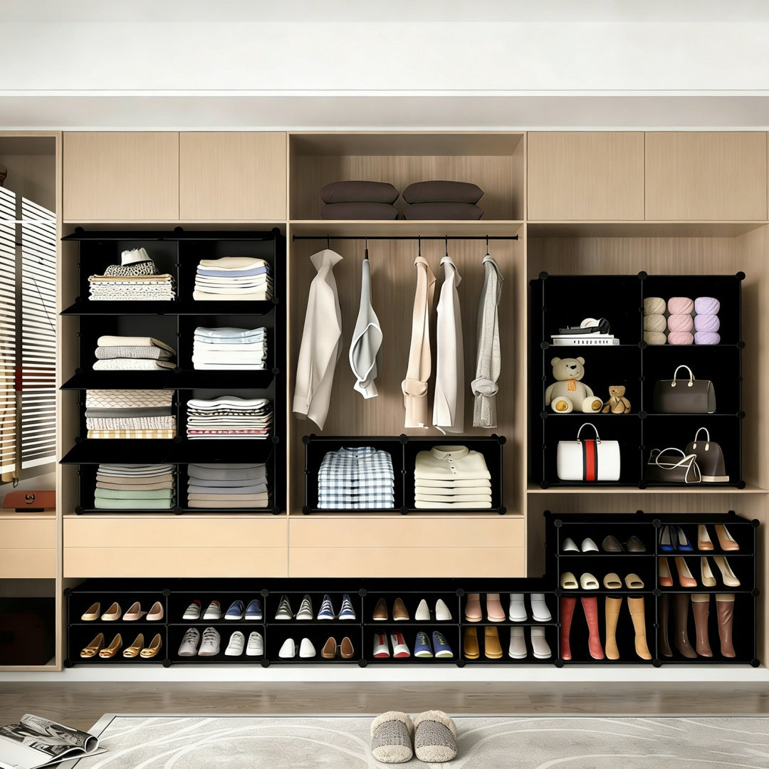Close-up of shoe storage cabinet with door vents for breathable shoe storage