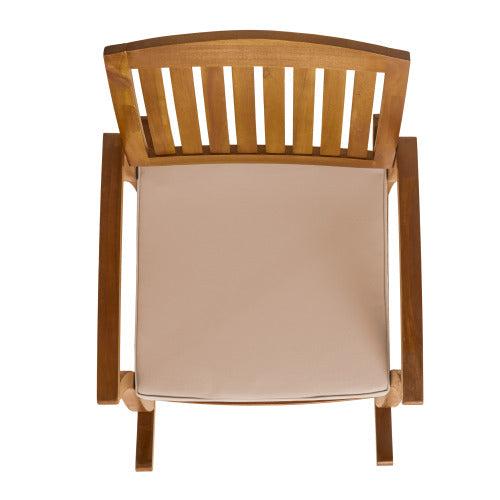 Top view of Rocking Comfort Chair Natural Oak with cream cushion and slat-back acacia wood frame