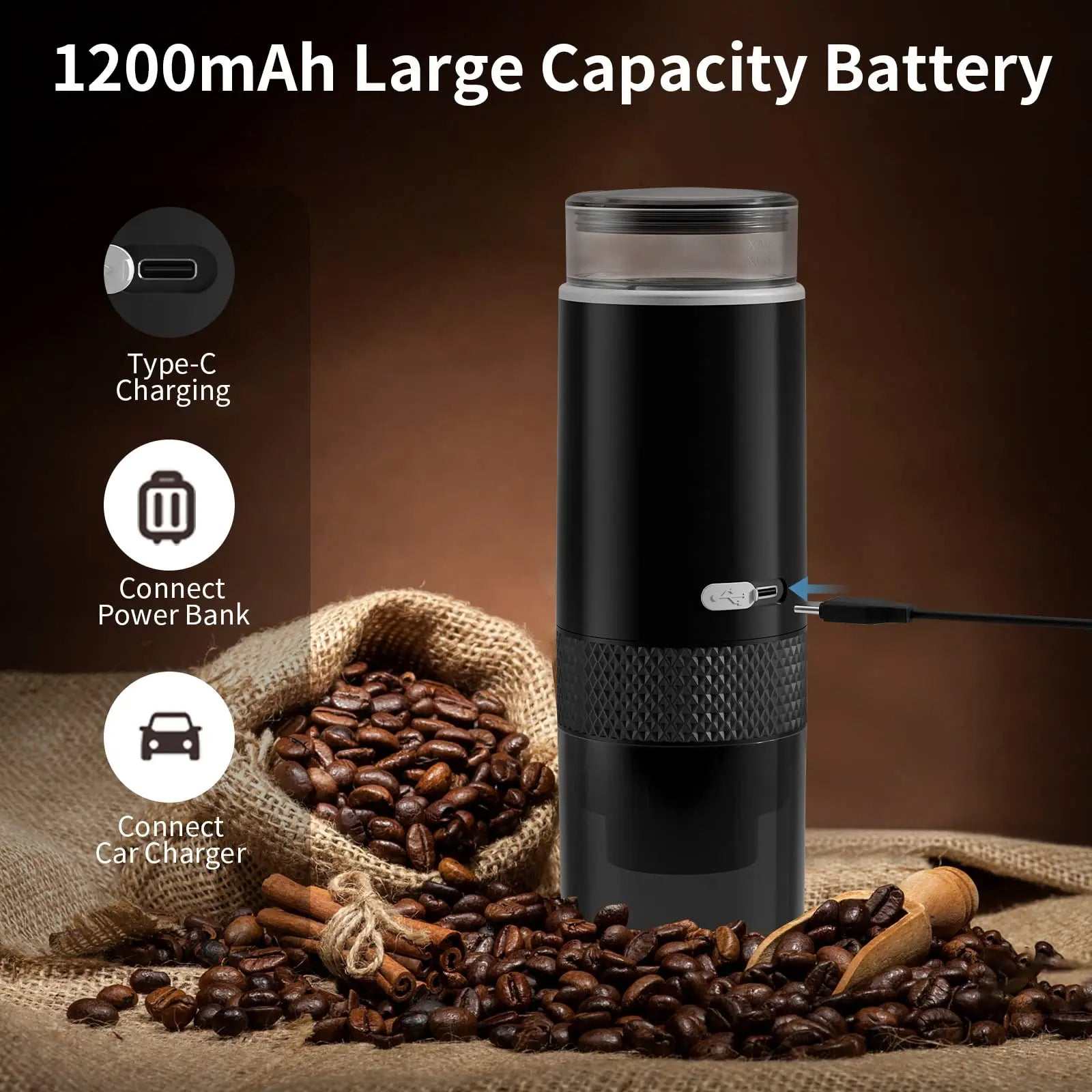 Compact rechargeable portable coffee brewer with 1200mAh battery, Type-C charging, and compatible with power banks and car chargers.