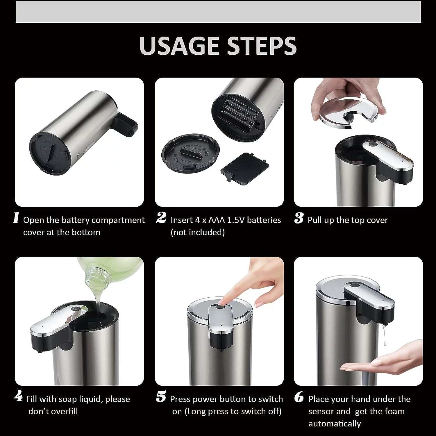 Stainless steel touchless soap dispenser with infrared sensor, 340ml capacity, adjustable volume, waterproof and hands-free design.