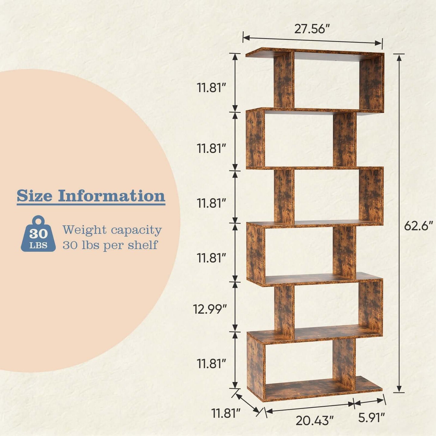 S shaped bookshelf side profile showing 9.4 inch slim depth