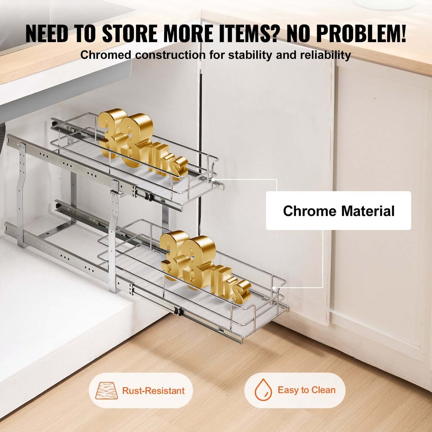 Pull Out Under Sink Organizer showcasing 2-tier wire cabinet shelf with chrome material, ideal for maximizing storage space.