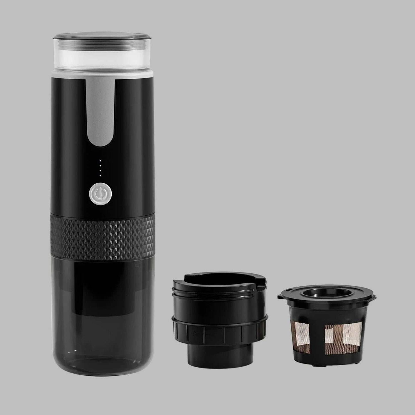 Portable coffee brewer with rechargeable battery, compatible with coffee capsules and powder, compact and lightweight for travel and outdoor use
