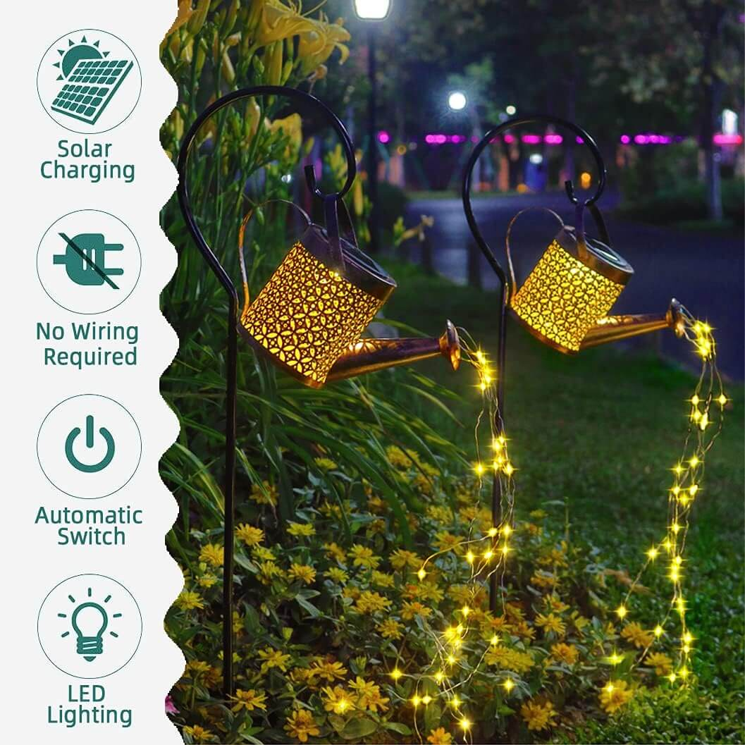 solar watering can string lights solar panel close up
