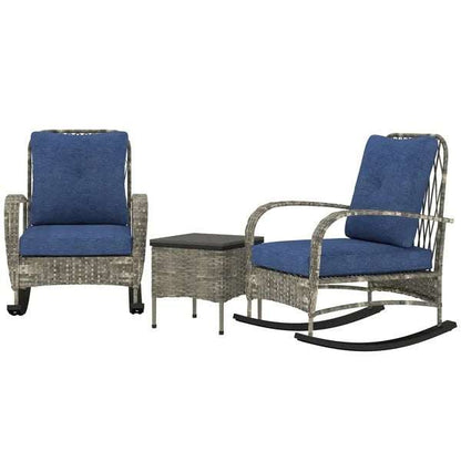 Rattan Chaise Lounge Chair with blue cushions and wicker side table for patio