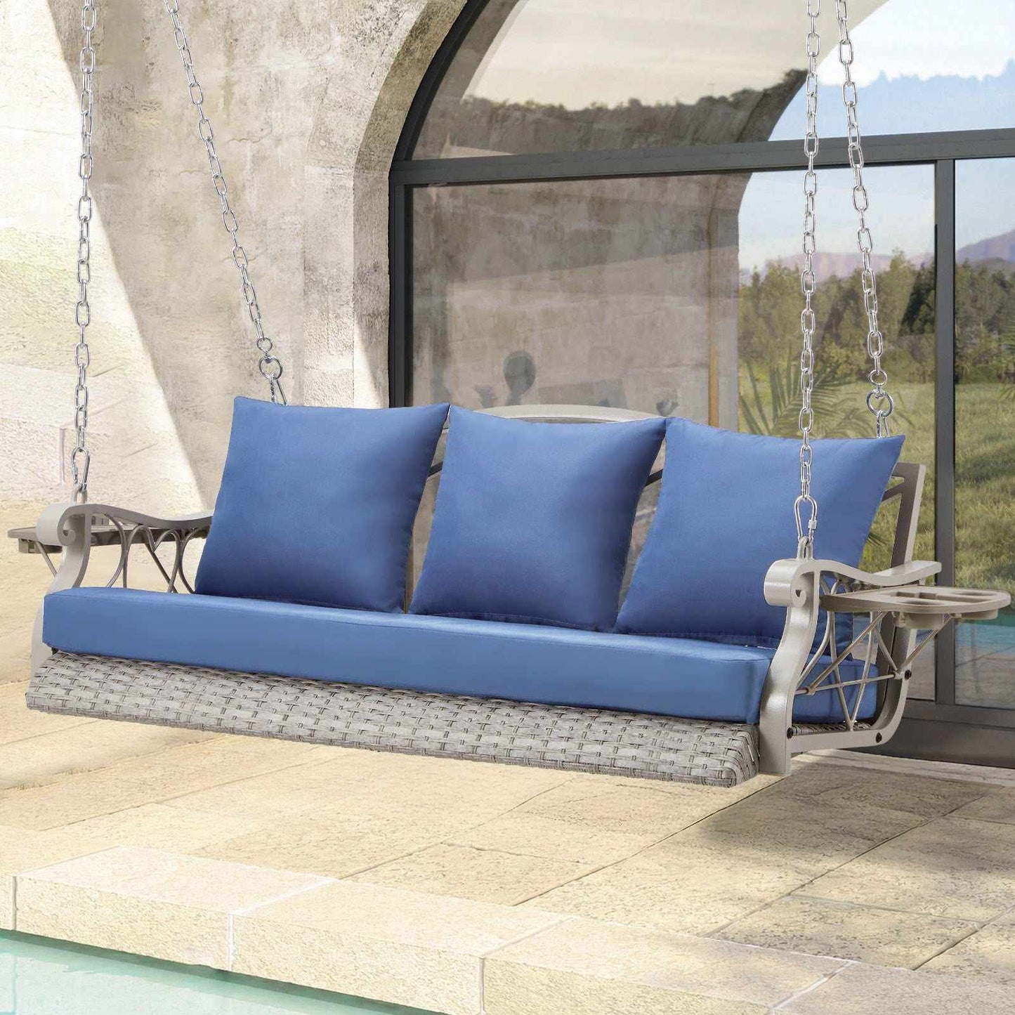 Porch Comfort Swing Basket with blue cushions, handwoven PE rattan, reinforced metal frame, and fold-up side table, perfect for outdoor patios and porches.