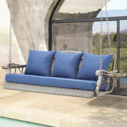 Porch Comfort Swing Basket with blue cushions, handwoven PE rattan, reinforced metal frame, and fold-up side table, perfect for outdoor patios and porches.