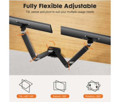 Dual Monitor Stand with fully flexible adjustable gas spring arms, featuring 360° rotation, 180° swivel, and tilt options.