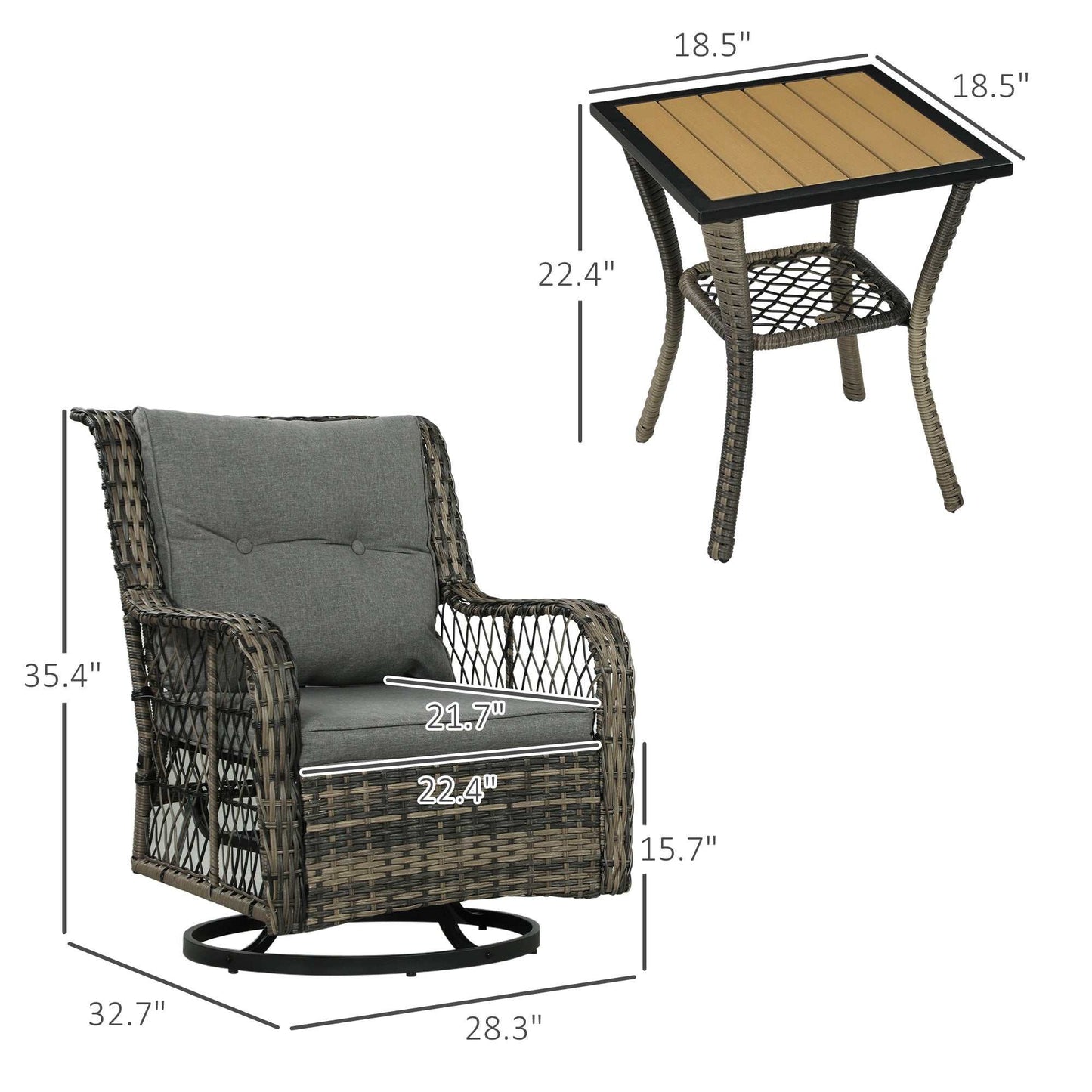 Coastal Comfort Wicker Swivel Bistro Set with two gray cushioned swivel chairs and a two-tier wicker table in mixed gray designed for outdoor use