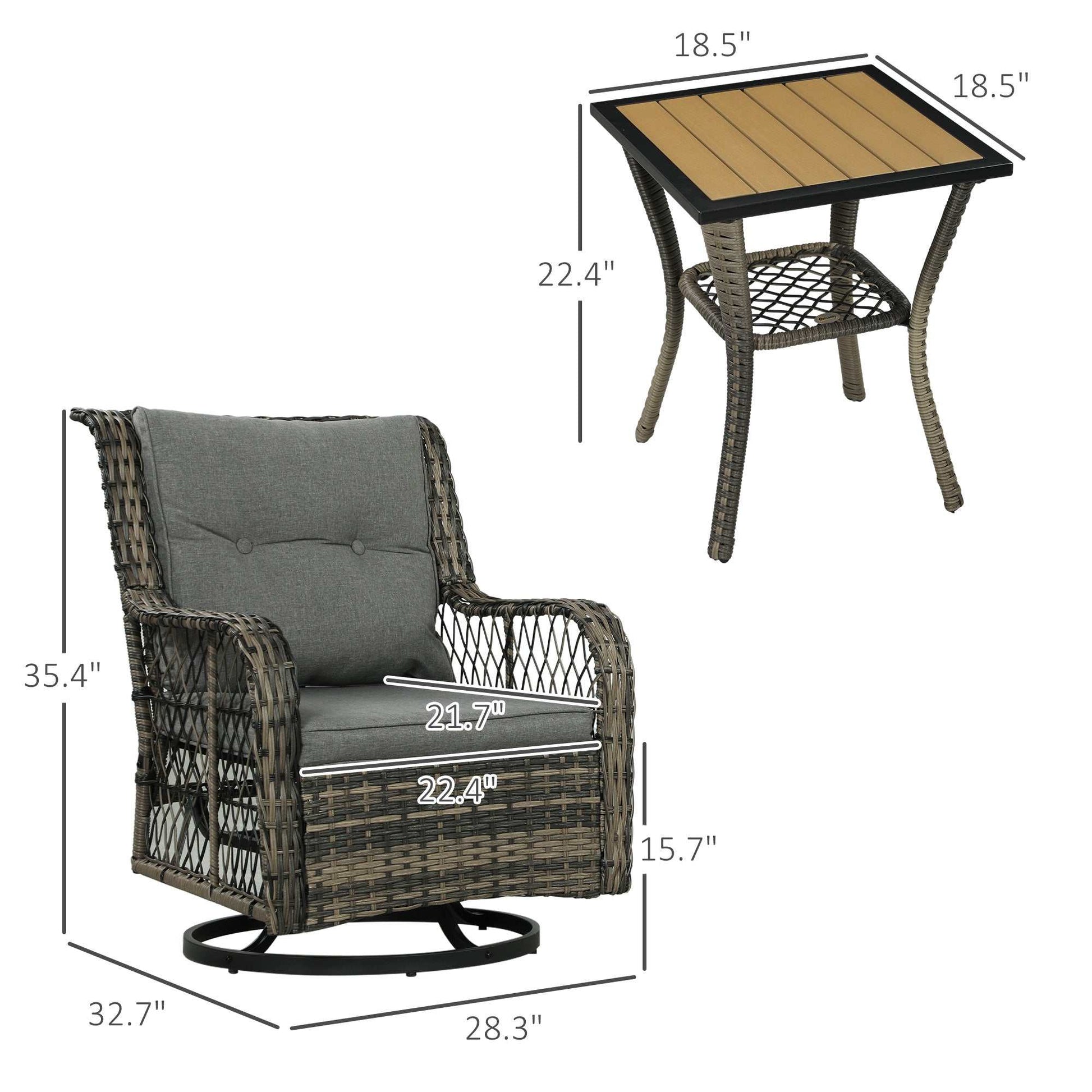 Coastal Comfort Wicker Swivel Bistro Set with two gray cushioned swivel chairs and a two-tier wicker table in mixed gray designed for outdoor use