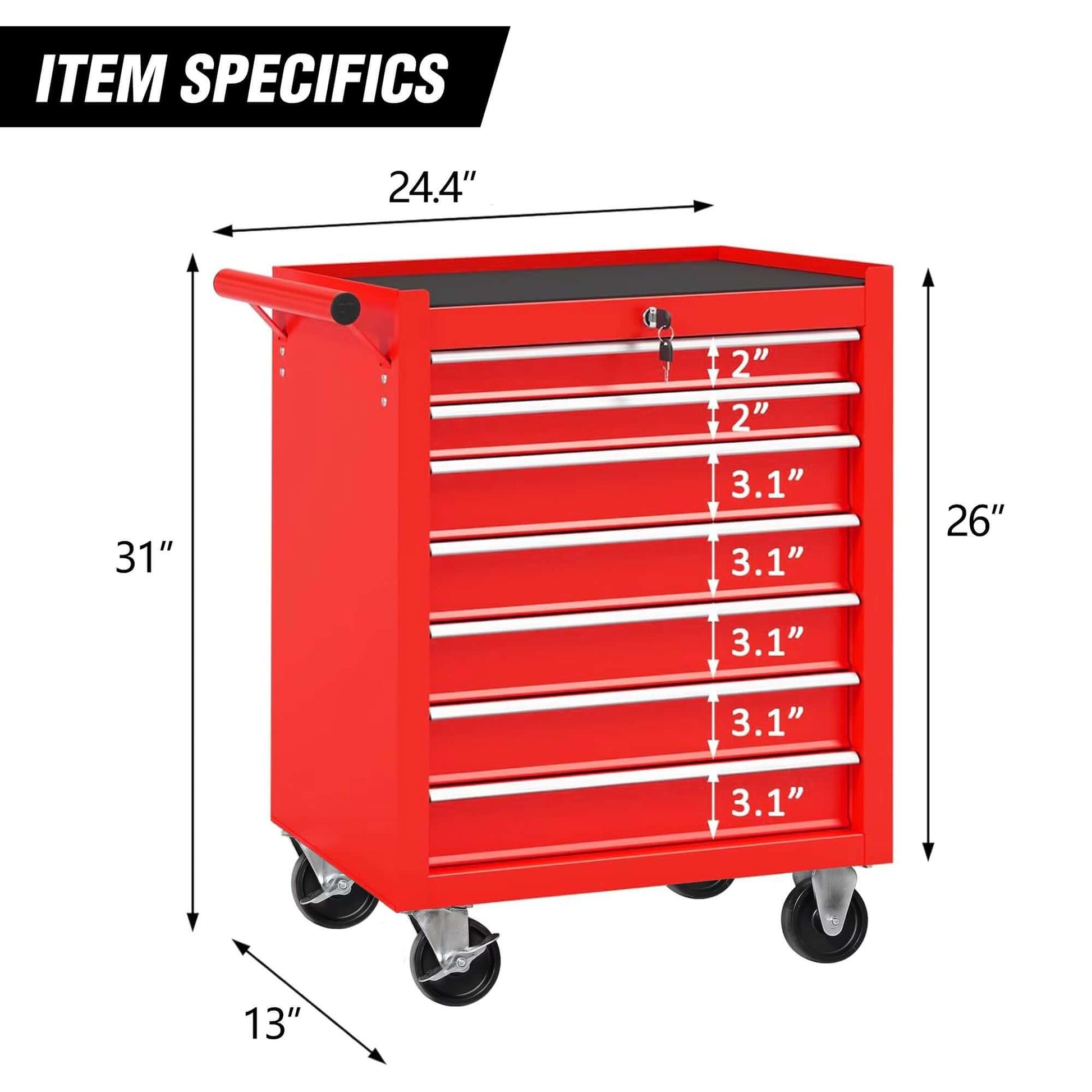 Red Ultimate Rolling Tool Chest with 7 drawers, heavy-duty wheels, and secure locking system for organized tool storage.