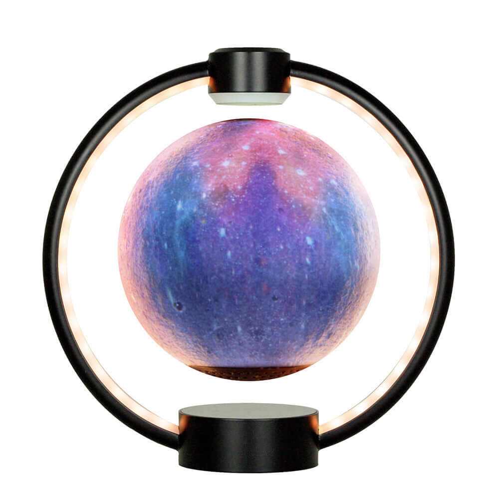 Floating Moonlight Bluetooth Speaker levitating globe with colorful LED glare and modern black circular frame.