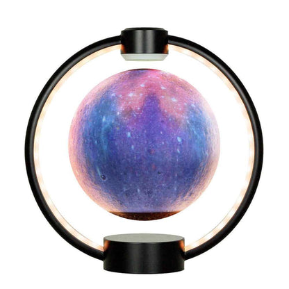 Floating Moonlight Bluetooth Speaker levitating globe with colorful LED glare and modern black circular frame.