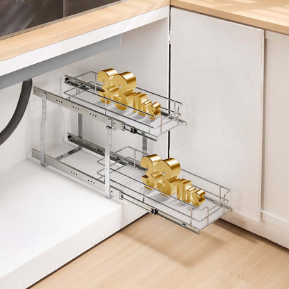 Pull Out Under Sink Organizer with two wire tiers holding gold cans for easy access under the kitchen sink.