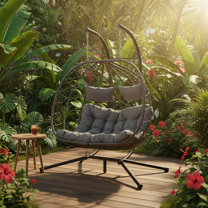 Double Hanging Egg Chair - Spacious two-person swing with cushions, ergonomic rattan design for indoor or outdoor relaxation.