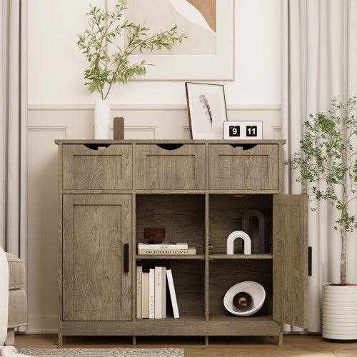 Versatile wooden storage cabinet with drawers, doors, adjustable shelves, and gray finish in a modern living room setting