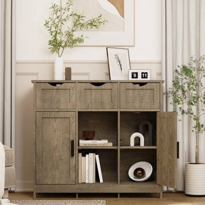 Versatile wooden storage cabinet with drawers, doors, adjustable shelves, and gray finish in a modern living room setting