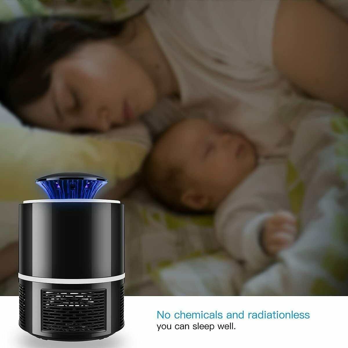 Black and white USB-powered mosquito zapper lamp with blue LED light, safe for indoor use near sleeping mother and baby