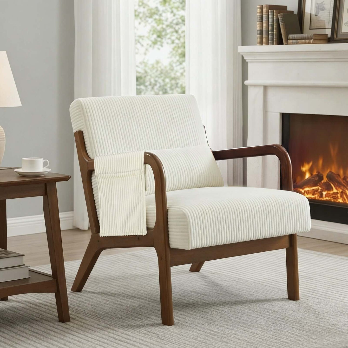 accent armchair beige with lumbar cushion and solid wood frame