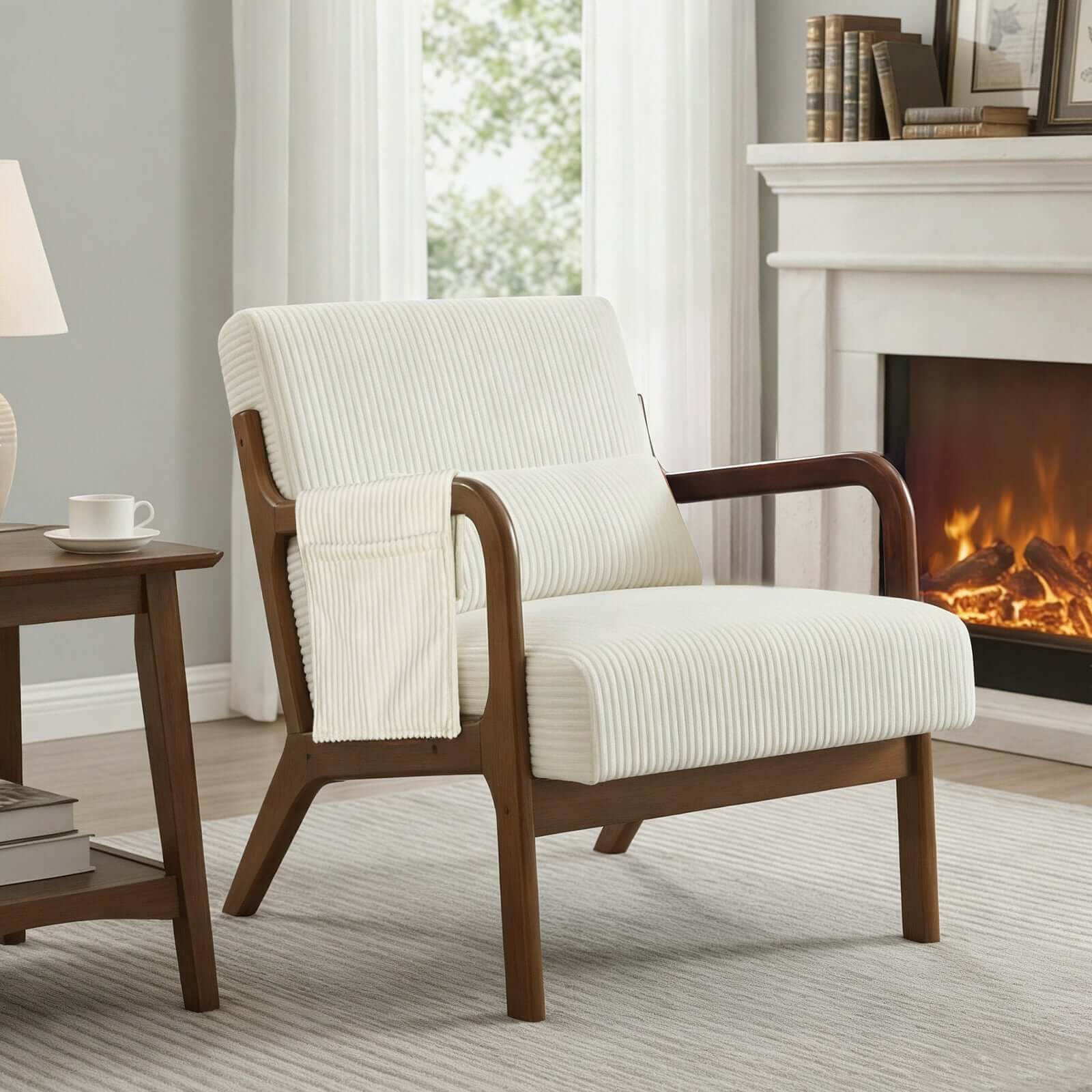 accent armchair beige with lumbar cushion and solid wood frame