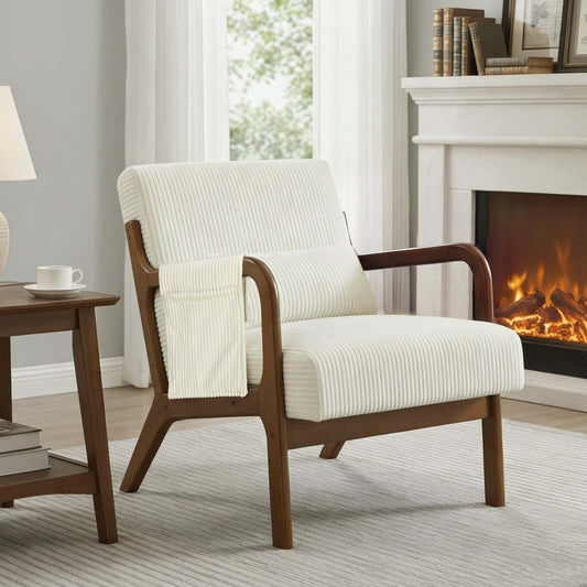 accent armchair beige with lumbar cushion and solid wood frame