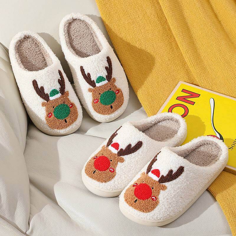 Cozy Elk Winter Home Slippers with plush lining and cute elk design, anti-slip sole, unisex, warm indoor footwear