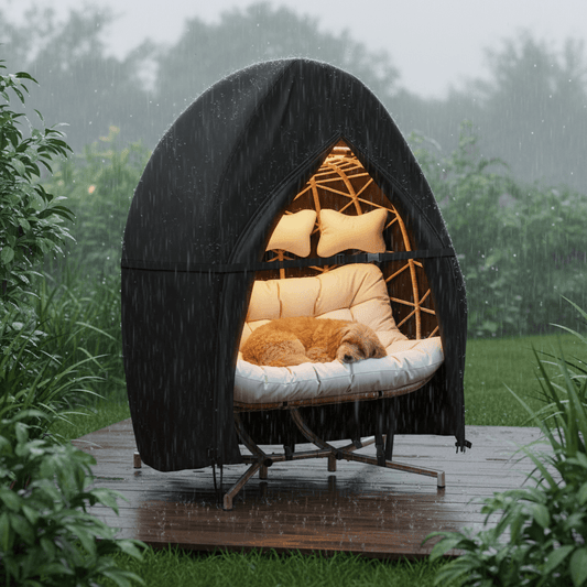 AbodeArc egg chair cover outdoor — protecting a cozy hanging egg chair during rain, waterproof Real 420D cover