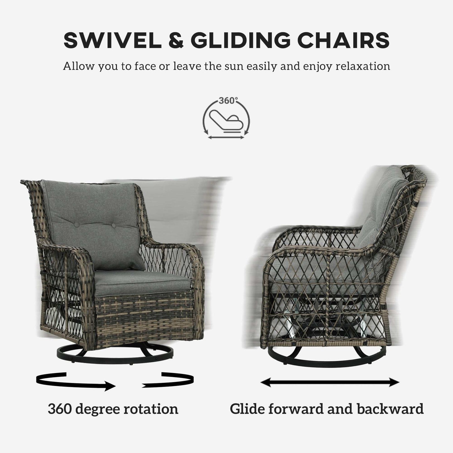 Coastal Comfort Wicker Swivel Bistro Set with 360-degree rotating and gliding wicker chairs in mixed gray