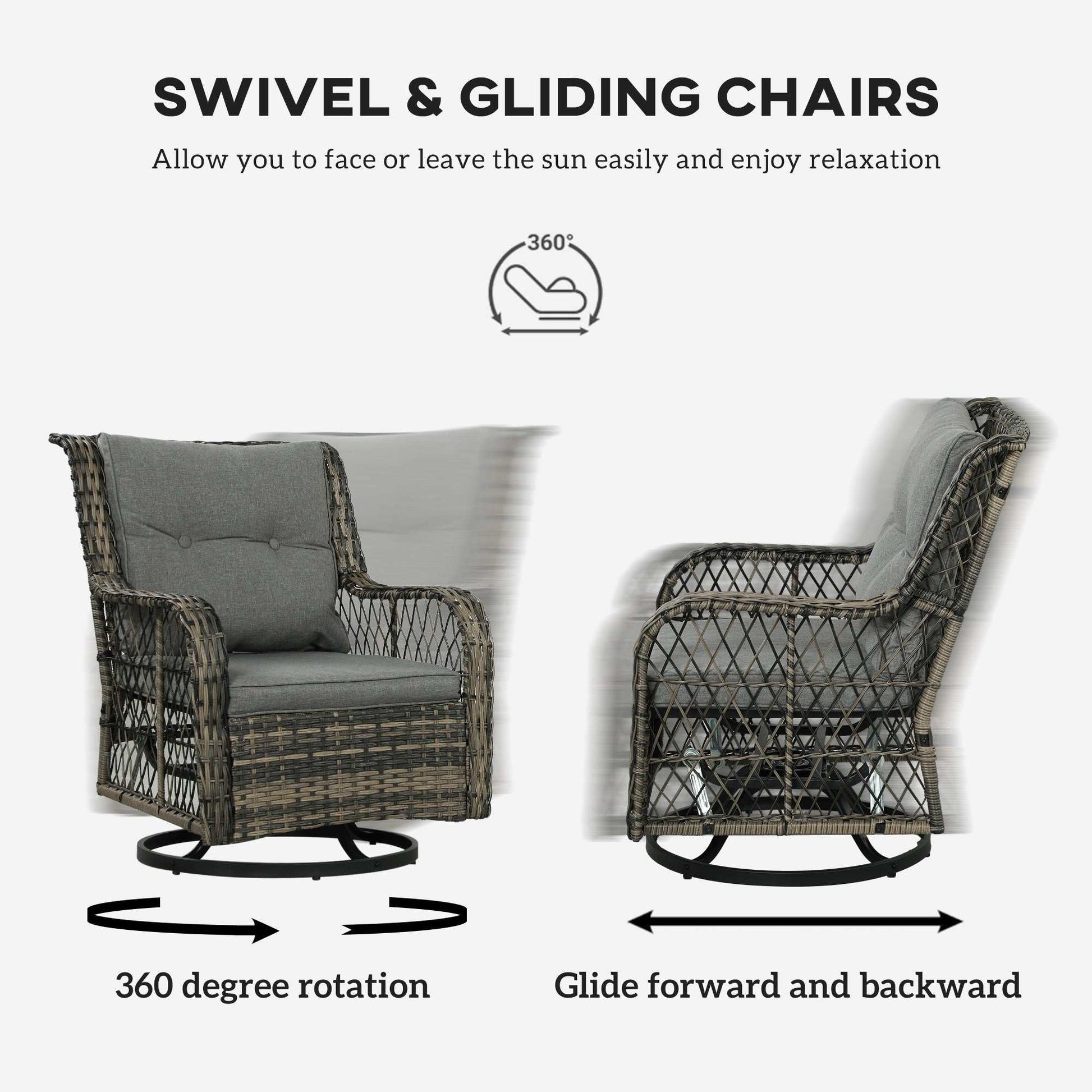 Coastal Comfort Wicker Swivel Bistro Set with 360-degree rotating and gliding wicker chairs in mixed gray