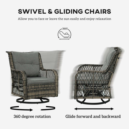 Coastal Comfort Wicker Swivel Bistro Set with 360-degree rotating and gliding wicker chairs in mixed gray