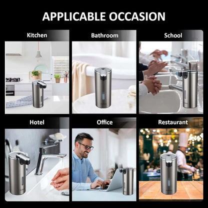 Touchless soap dispenser shown in kitchen, bathroom, school, hotel, office, and restaurant settings.