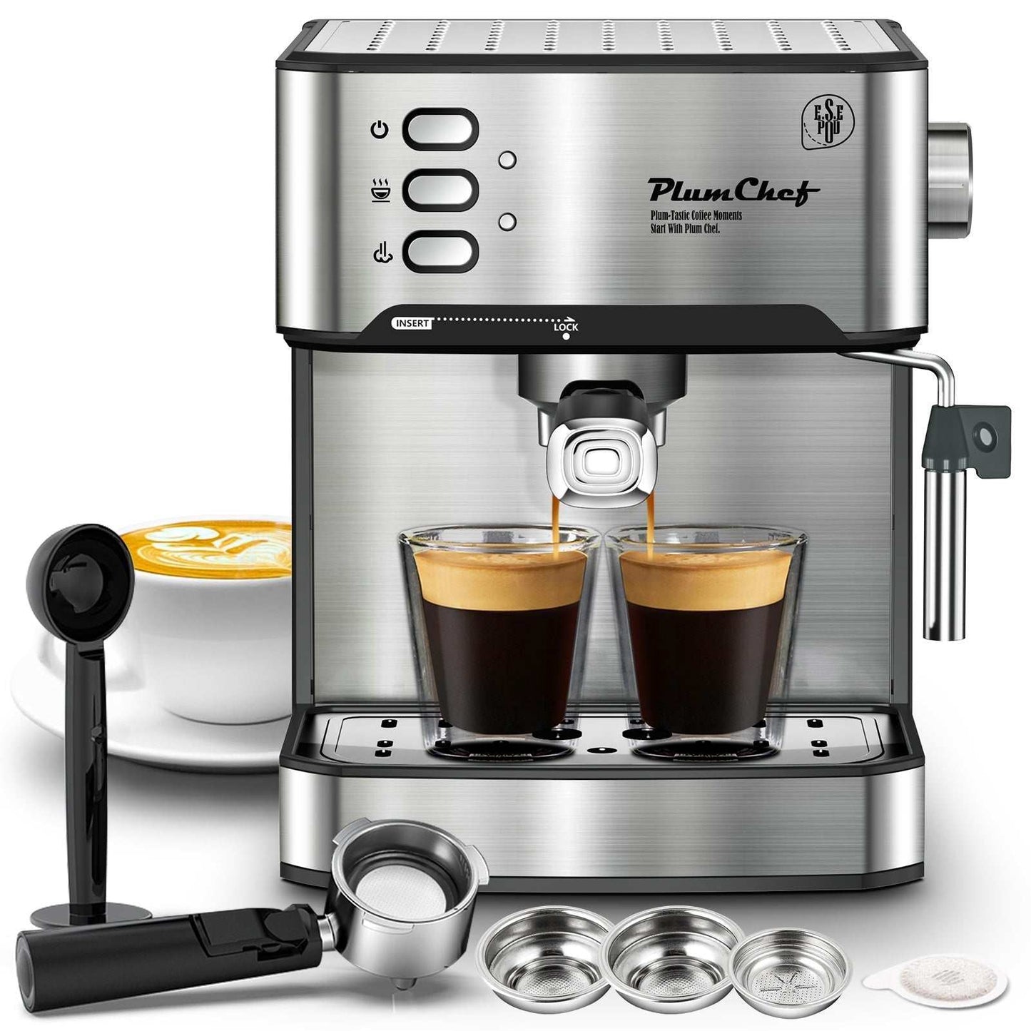 Home Barista Espresso Master stainless steel espresso machine with 20-bar pressure, dual shot brewing, steam wand, and included accessories.