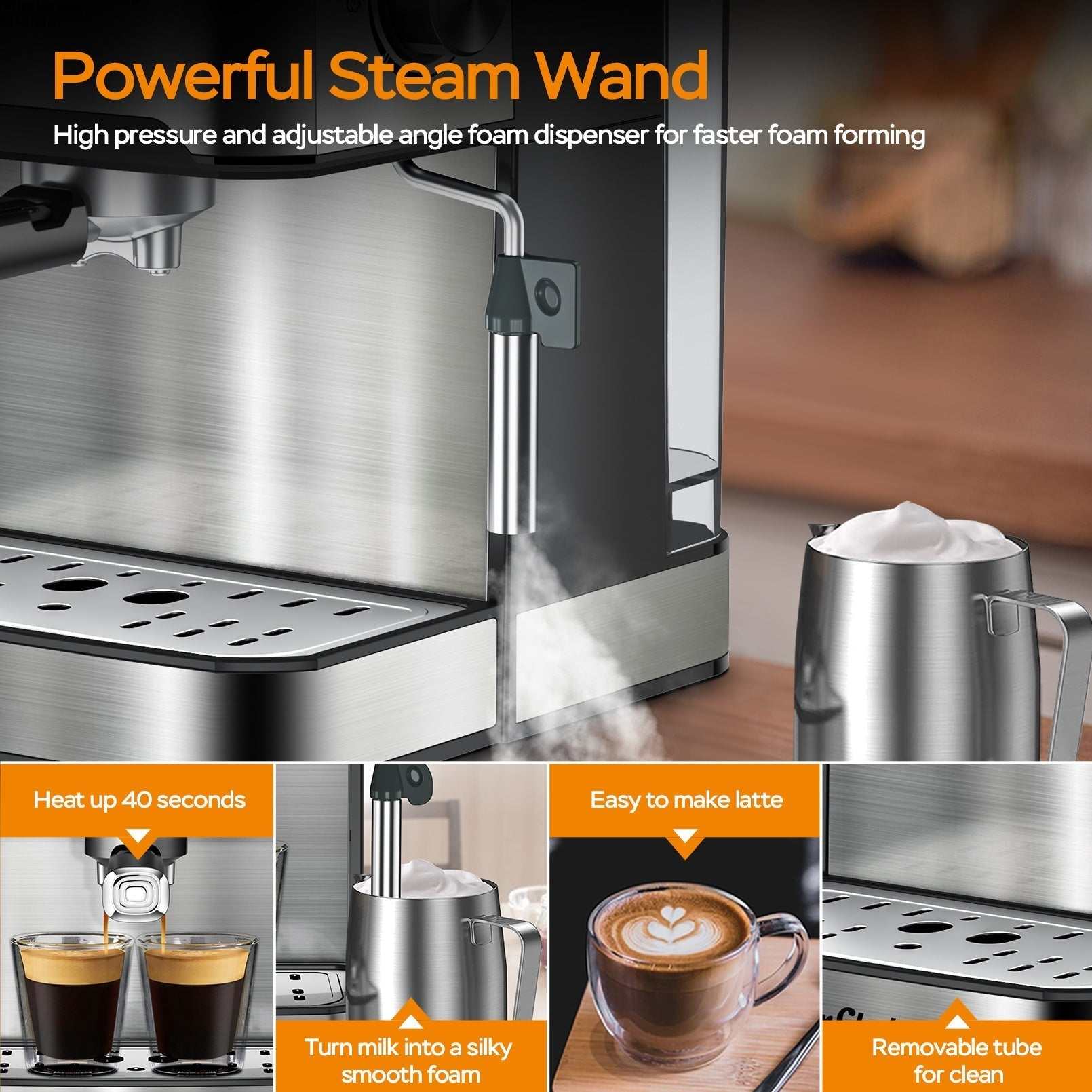 Home Barista Espresso Master with powerful steam wand making creamy milk foam and latte art