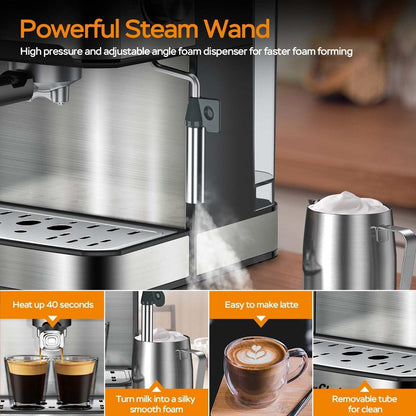Home Barista Espresso Master with powerful steam wand making creamy milk foam and latte art