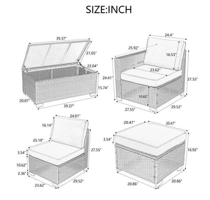 Cozy Outdoor Patio Set 10-piece modular wicker seating with cushions and storage table dimensions diagram