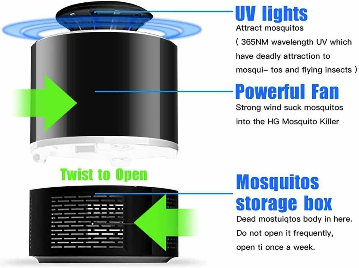Compact black and white USB-powered mosquito zapper lamp with UV light, powerful fan, and mosquito storage box for indoor and outdoor use
