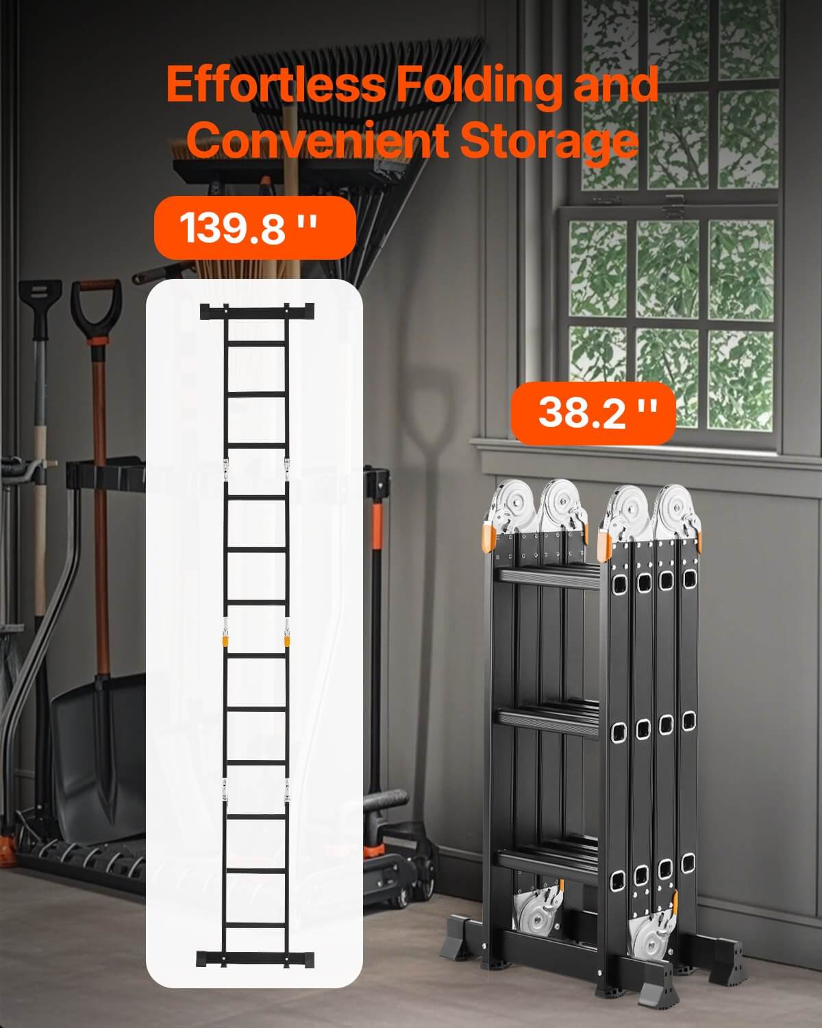 Heavy-duty folding ladder shown in folded and extended positions, highlighting effortless folding and convenient storage.