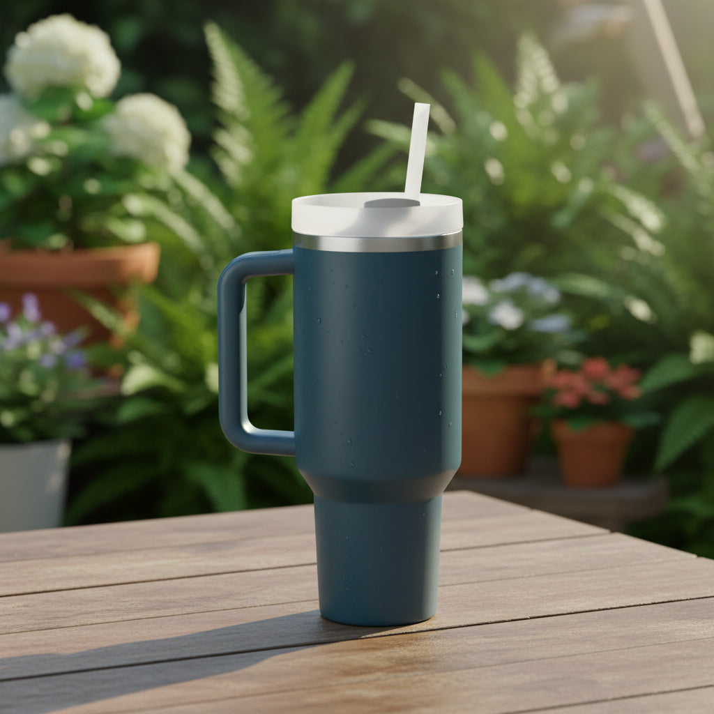 40oz insulated modern tumbler with handle and straw in dark gray